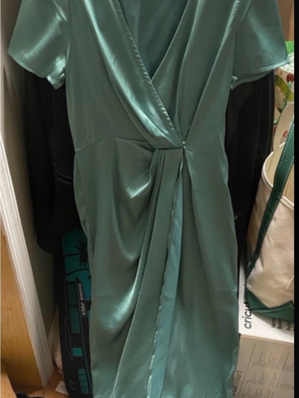 SHEIN Satin Wrap Midi Dress in Sage Green